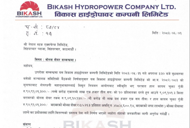 कारोबार समयमा विकास हाइड्रोपावरको लाभांश घोषणा, लगानीकर्तालाई १०% बोनस