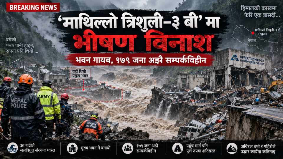‘माथिल्लो त्रिशूली–३ बी’ मा भीषण विनाश: भवन गायब, १७९ जना अझै सम्पर्कविहीन