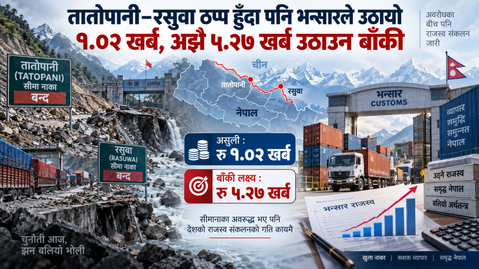 तातोपानी–रसुवा ठप्प हुँदा पनि भन्सारले उठायो १.०२ खर्ब, अझै ५.२७ खर्ब उठाउन बाँकी