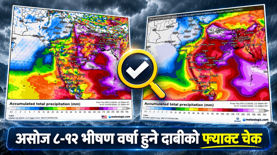 असोज ८-१२ मा फेरि भीषण वर्षा हुने दाबी कति सत्य ? दुई मोडलले देखाए जोखिम, विभागको आधिकारिक चेतावनी आउन बाँकी