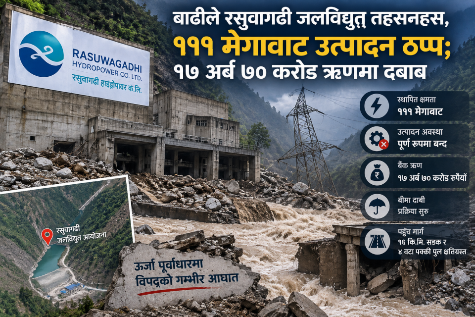 बाढीले रसुवागढी जलविद्युत् तहसनहस, १११ मेगावाट उत्पादन ठप्प; १७ अर्ब ७० करोड ऋणमा दबाब