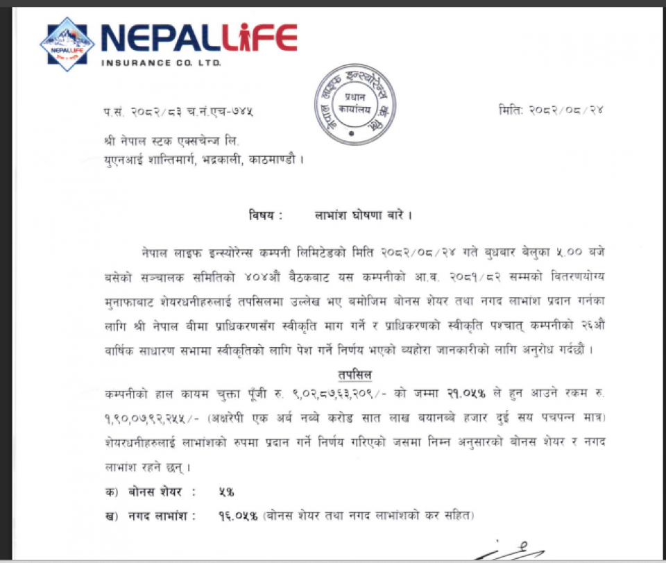 नेपाल लाइफले २१.०५% लाभांश वितरण गर्ने