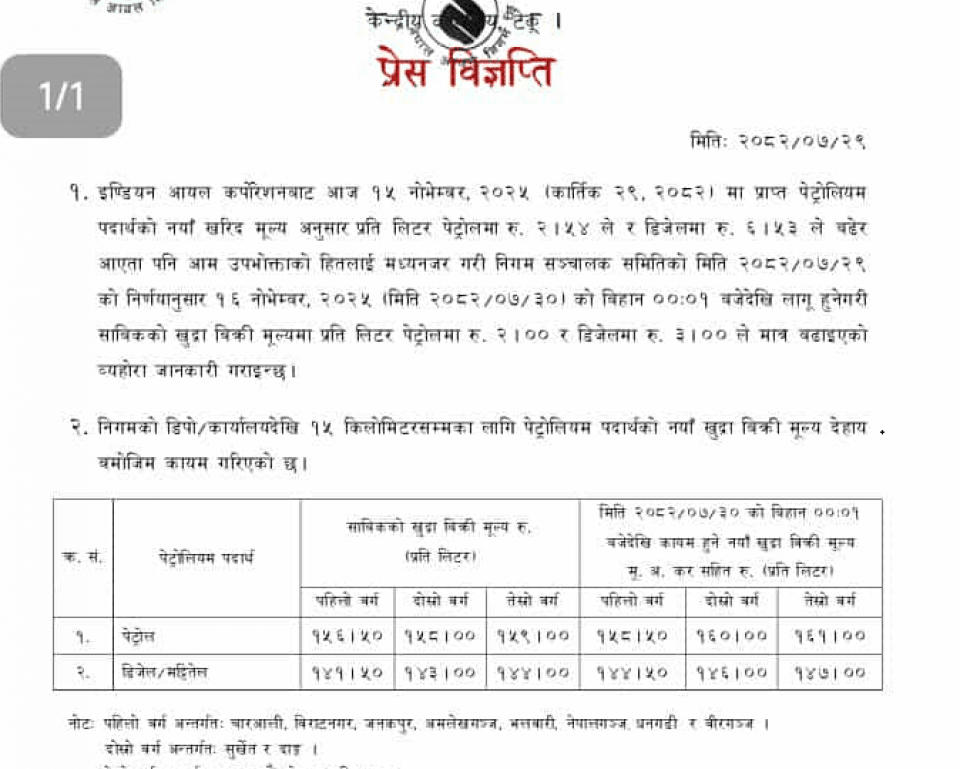 पेट्रोलियमको मूल्य फेरि बढ्यो, पेट्रोल १६१ र डिजेल १४७ पुग्यो