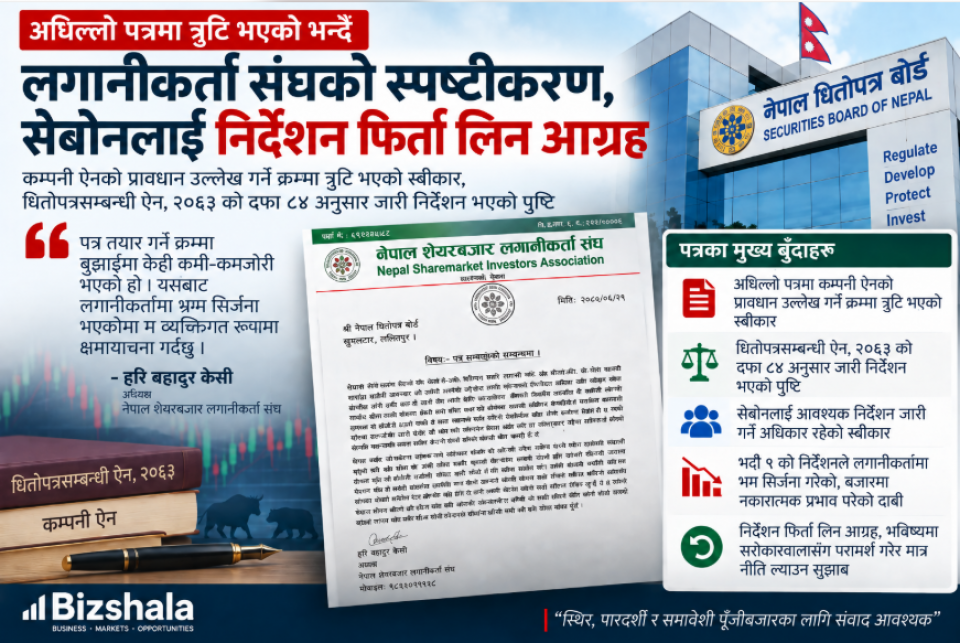 अघिल्लो पत्रमा त्रुटि भएको भन्दै लगानीकर्ता संघको स्पष्टीकरण, सेबोनलाई निर्देशन फिर्ता लिन आग्रह