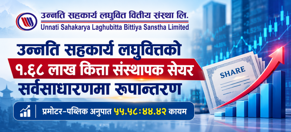 उन्नति सहकार्य लघुवित्तको १ लाख ६८ हजार कित्ता संस्थापक सेयर सर्वसाधारणमा रुपान्तरण