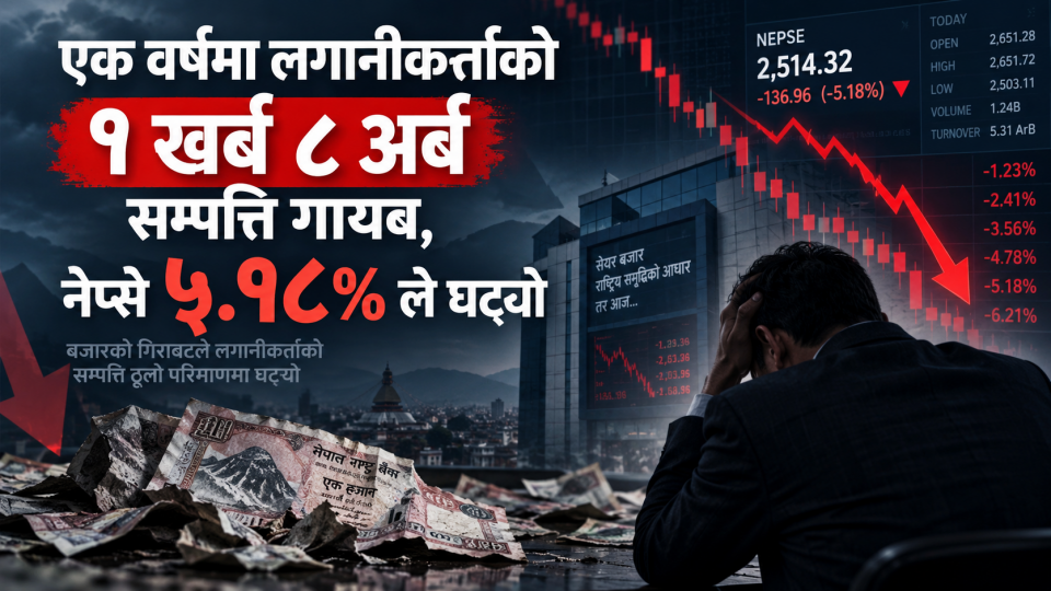 एक वर्षमा लगानीकर्ताको १ खर्ब ८ अर्ब सम्पत्ति गायब, नेप्से ५.१८% ले घट्यो