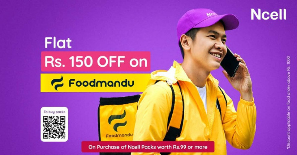 एनसेलका ग्राहकले फुडमाण्डुबाट खानाका परिकार अर्डर गर्दा रु. १५० छुट पाउने