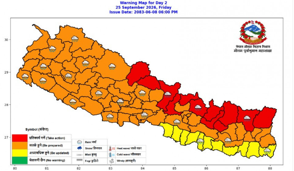 शुक्रबार देशभर भारी वर्षाको सम्भावना, केही स्थानमा अति भारी वर्षाको चेतावनी